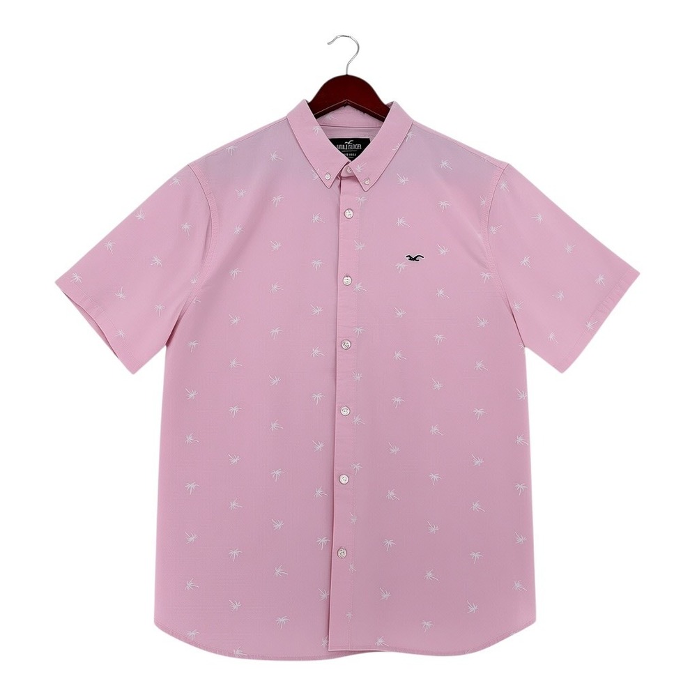 Hollister Mens Palm Tree Print Epic Flex Shirt XL Pink Summer Tropical Casual